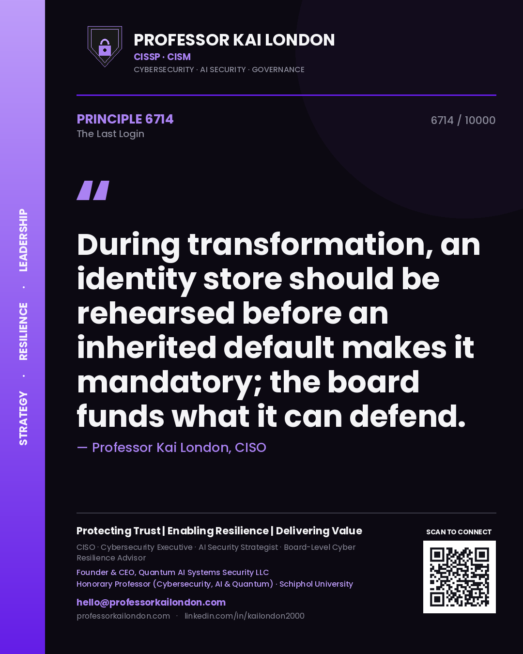 Professor Kai London principle 6714: During transformation, an identity store should be rehearsed before an inherited default makes it mandatory; the board funds what it can defend.