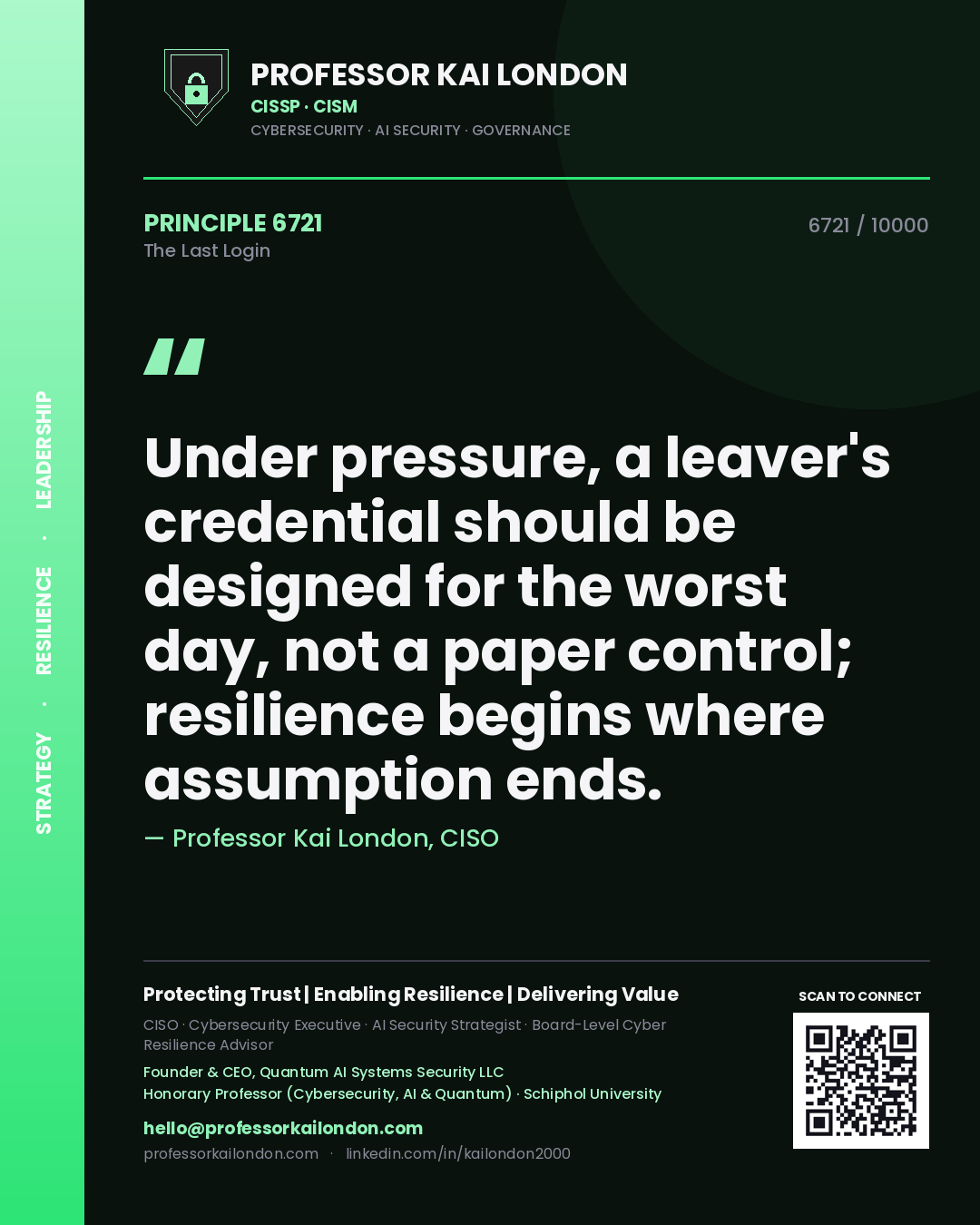 Professor Kai London principle 6721: Under pressure, a leaver's credential should be designed for the worst day, not a paper control; resilience begins where assumption ends.