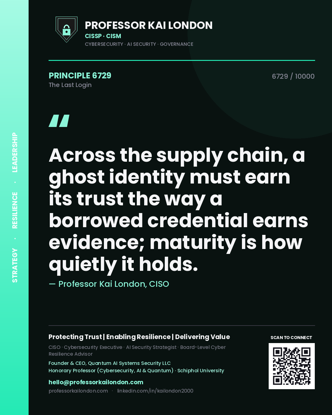 Quote card by Professor Kai London reading 'Across the supply chain, a ghost identity must earn its trust the way a borrowed credential earns evidence; maturity is how quietly it holds.'. From the book The Last Login.