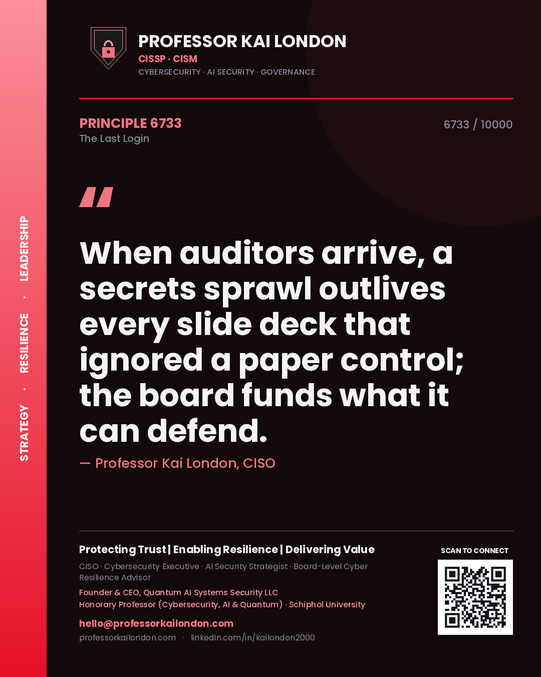 Quote card by Professor Kai London reading 'When auditors arrive, a secrets sprawl outlives every slide deck that ignored a paper control; the board funds what it can defend.'. From the book The Last Login.