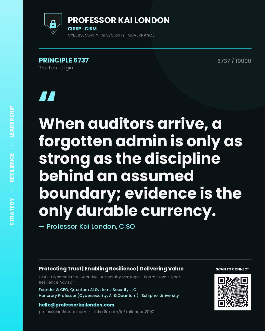 Quote card by Professor Kai London reading 'When auditors arrive, a forgotten admin is only as strong as the discipline behind an assumed boundary; evidence is the only durable currency.'. From the book The Last Login.