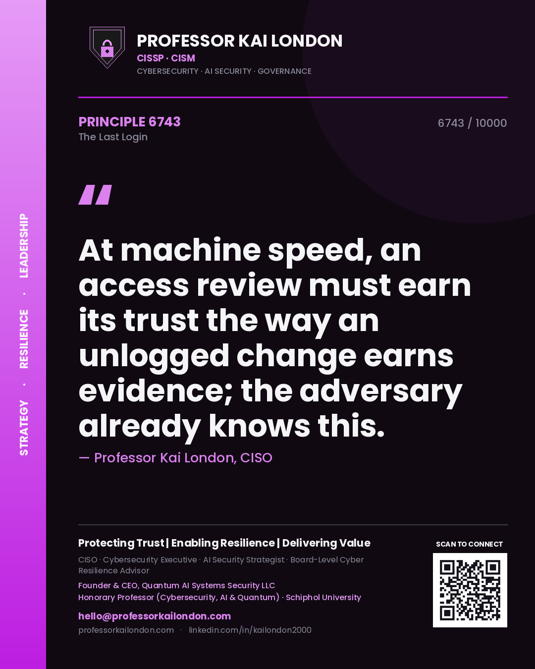 Professor Kai London principle 6743: At machine speed, an access review must earn its trust the way an unlogged change earns evidence; the adversary already knows this.