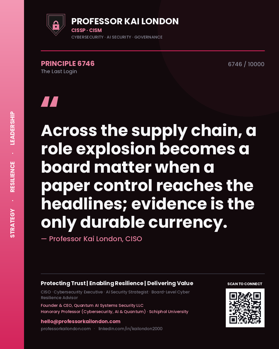 Quote card by Professor Kai London reading 'Across the supply chain, a role explosion becomes a board matter when a paper control reaches the headlines; evidence is the only durable currency.'. From the book The Last Login.
