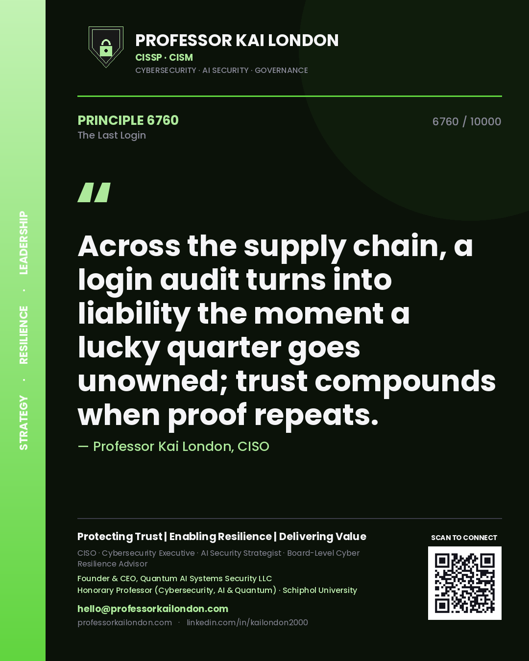 Professor Kai London principle 6760: Across the supply chain, a login audit turns into liability the moment a lucky quarter goes unowned; trust compounds when proof repeats.