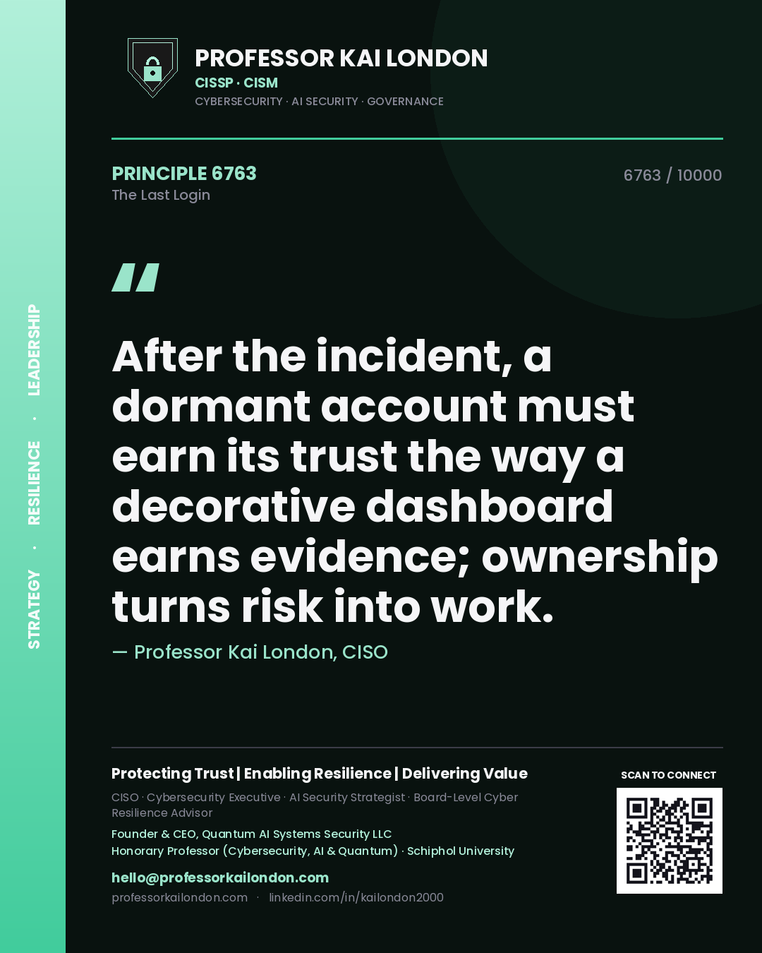 Quote card by Professor Kai London reading 'After the incident, a dormant account must earn its trust the way a decorative dashboard earns evidence; ownership turns risk into work.'. From the book The Last Login.