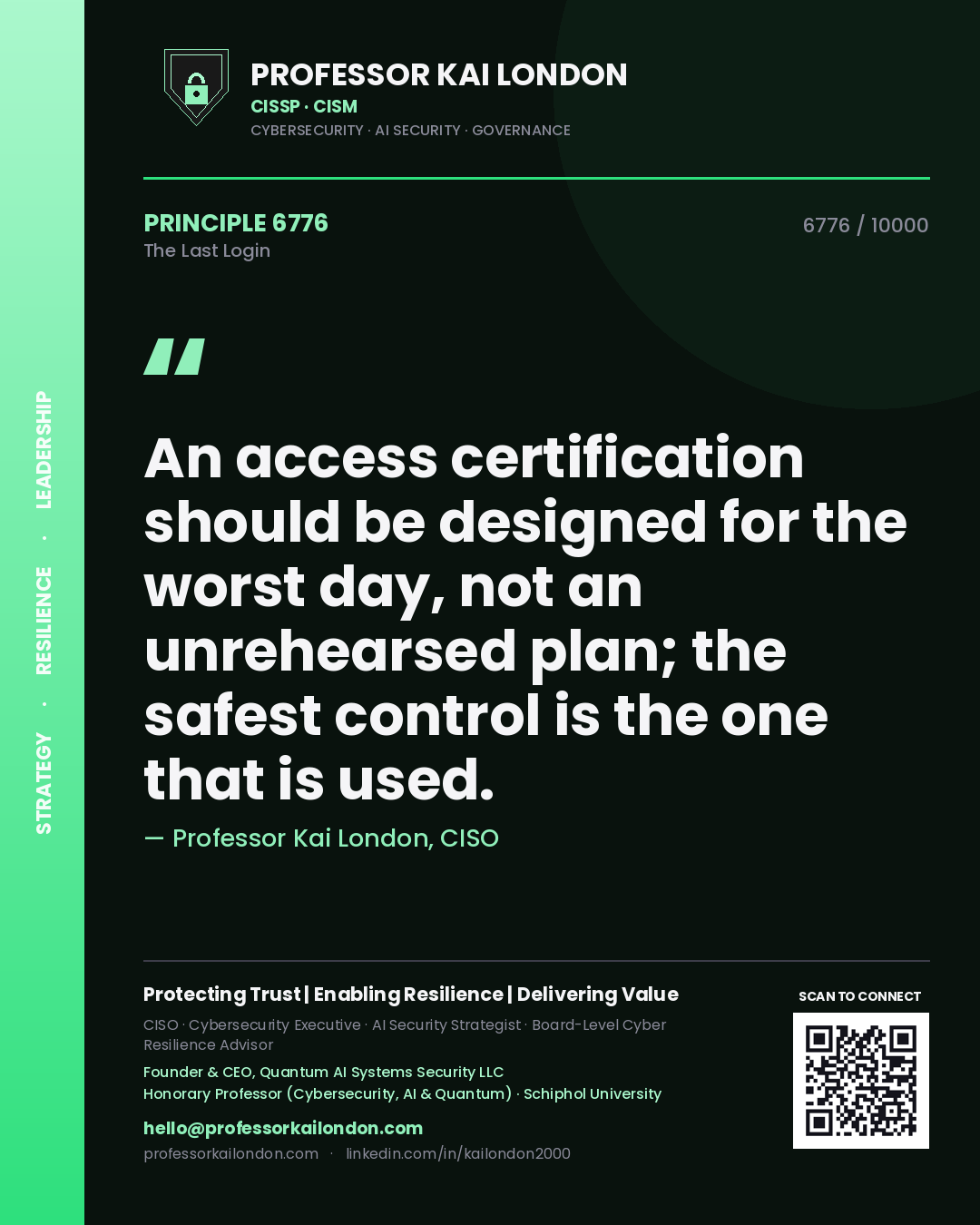 Quote card by Professor Kai London reading 'An access certification should be designed for the worst day, not an unrehearsed plan; the safest control is the one that is used.'. From the book The Last Login.