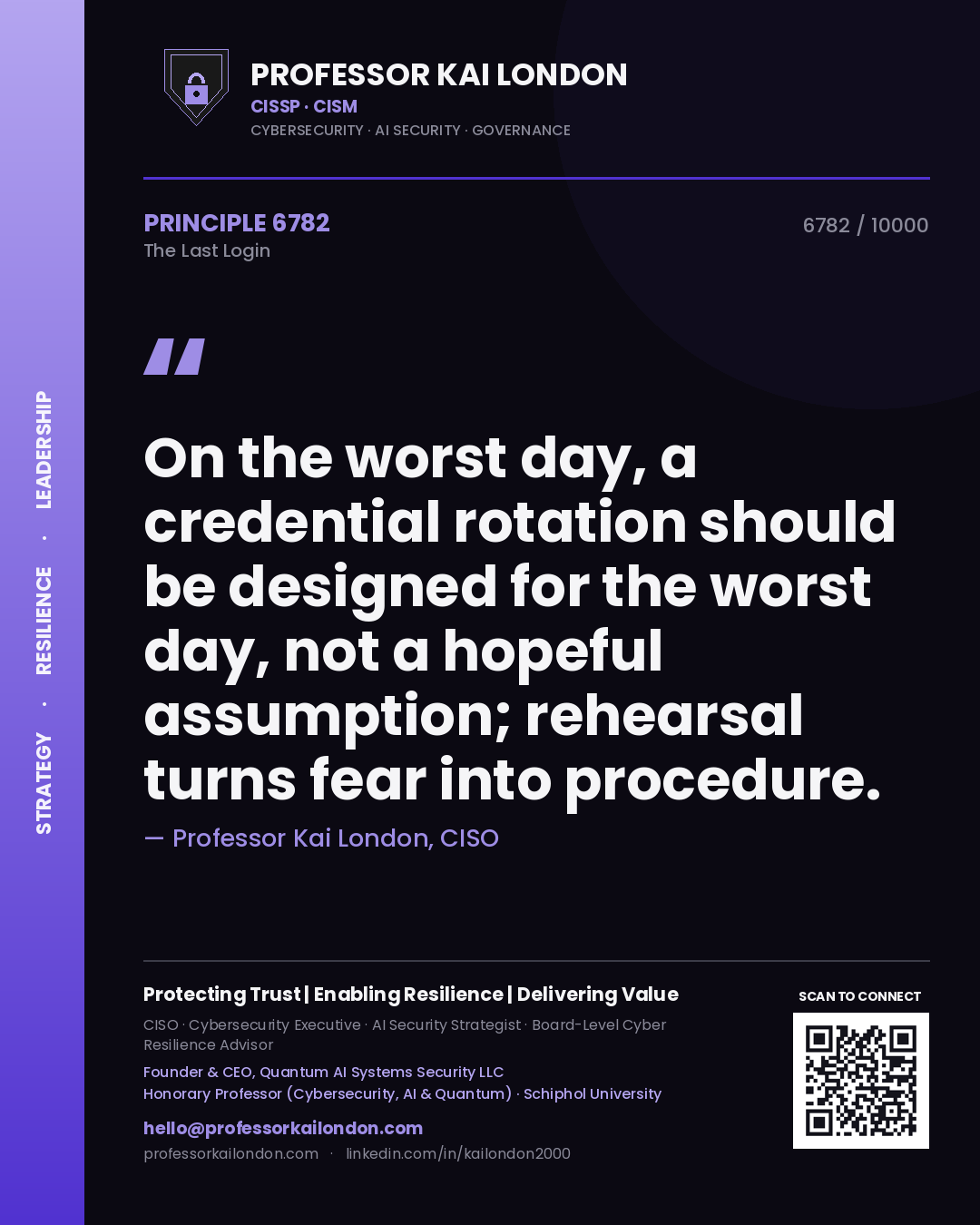 Quote card by Professor Kai London reading 'On the worst day, a credential rotation should be designed for the worst day, not a hopeful assumption; rehearsal turns fear into procedure.'. From the book The Last Login.