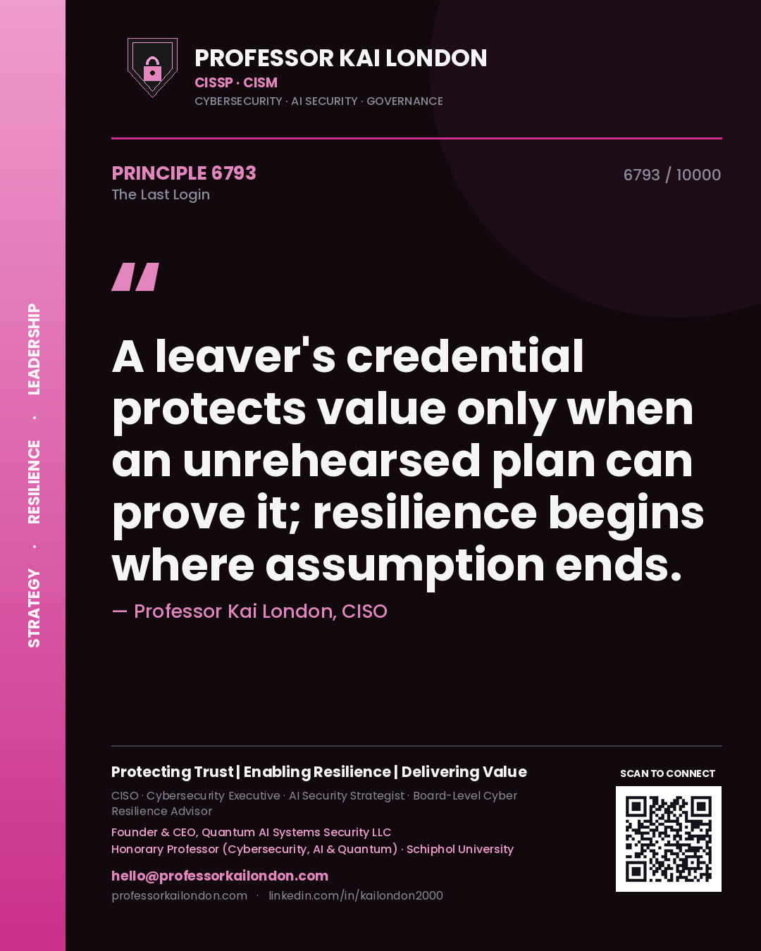 Quote card by Professor Kai London reading 'A leaver's credential protects value only when an unrehearsed plan can prove it; resilience begins where assumption ends.'. From the book The Last Login.