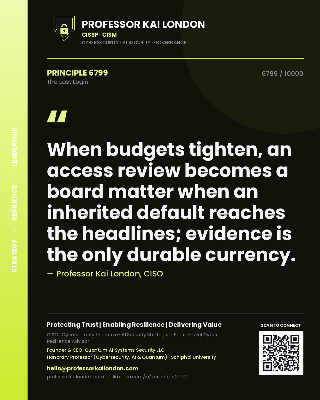 Quote card by Professor Kai London reading 'When budgets tighten, an access review becomes a board matter when an inherited default reaches the headlines; evidence is the only durable currency.'. From the book The Last Login.