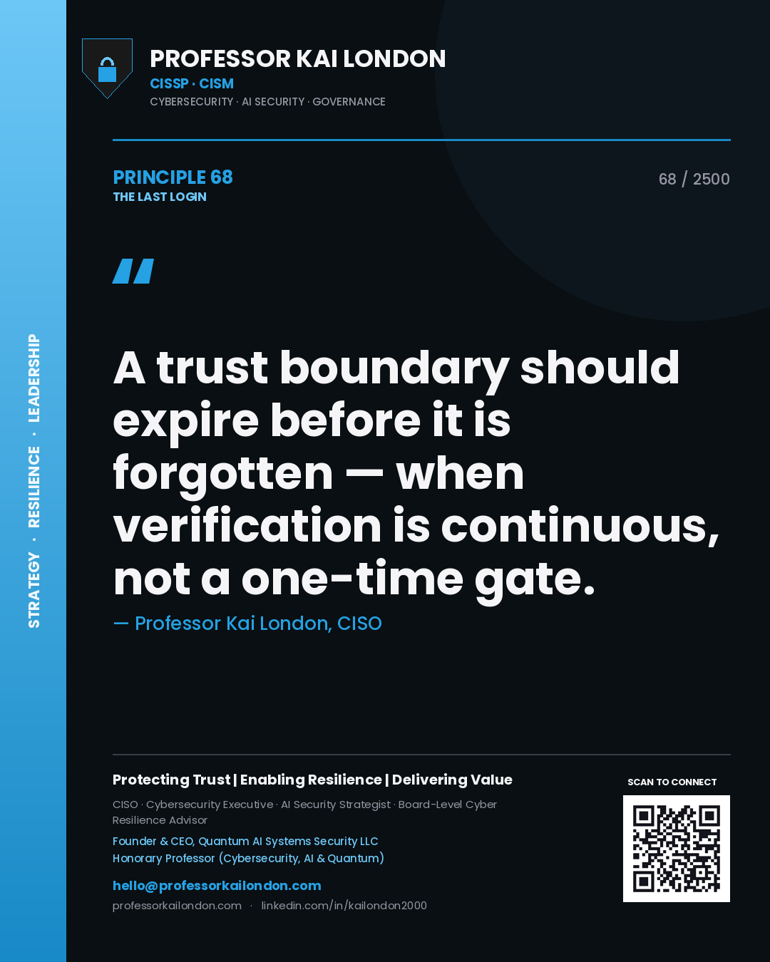 Quote card by Professor Kai London reading 'A trust boundary should expire before it is forgotten — when verification is continuous, not a one-time gate.'. From the book The Last Login.
