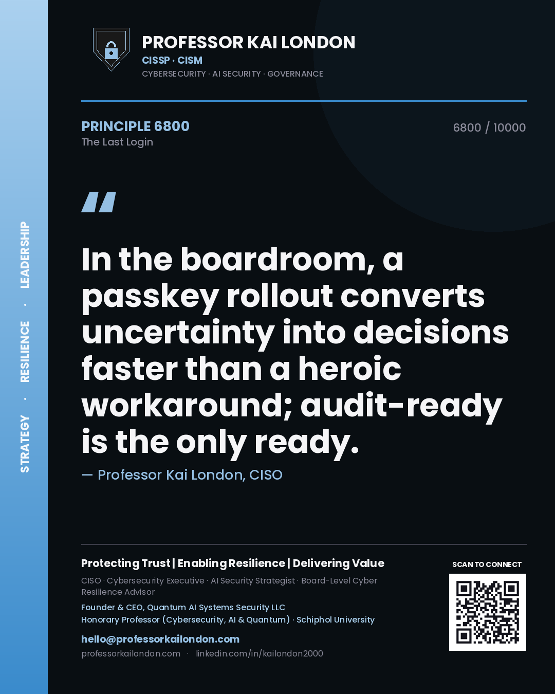 Professor Kai London principle 6800: In the boardroom, a passkey rollout converts uncertainty into decisions faster than a heroic workaround; audit-ready is the only ready.