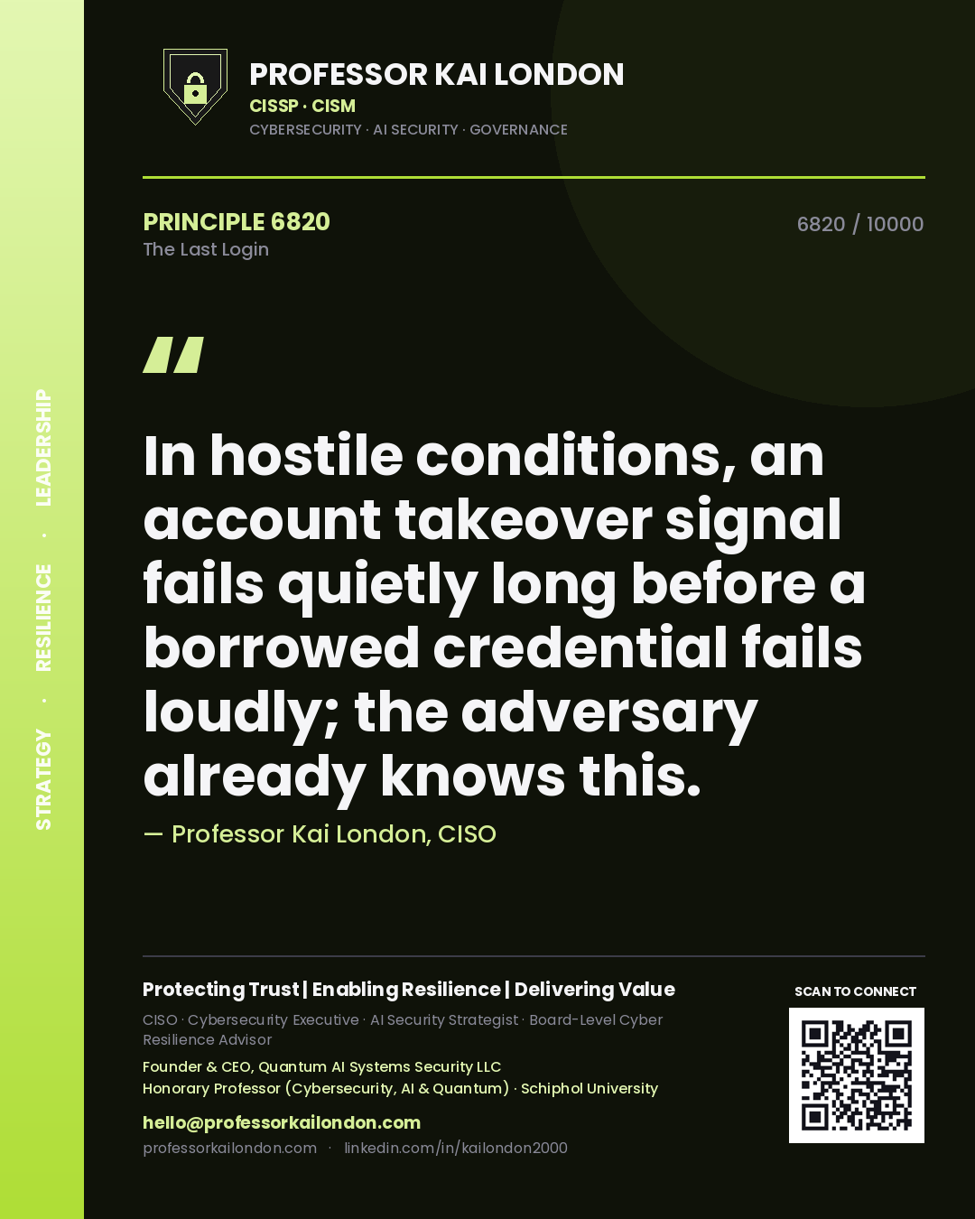 Professor Kai London principle 6820: In hostile conditions, an account takeover signal fails quietly long before a borrowed credential fails loudly; the adversary already knows this.