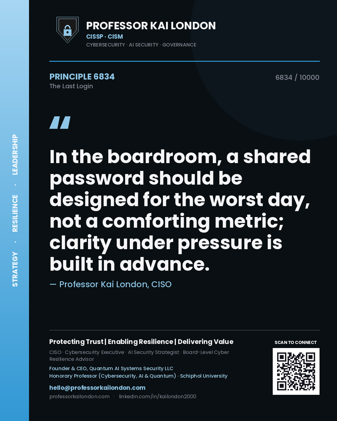Professor Kai London principle 6834: In the boardroom, a shared password should be designed for the worst day, not a comforting metric; clarity under pressure is built in advance.