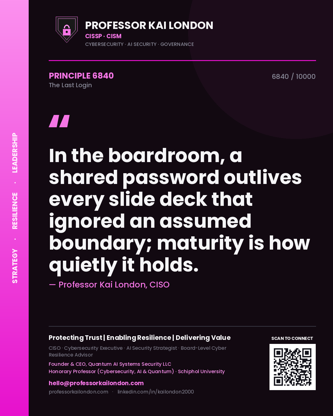 Professor Kai London principle 6840: In the boardroom, a shared password outlives every slide deck that ignored an assumed boundary; maturity is how quietly it holds.