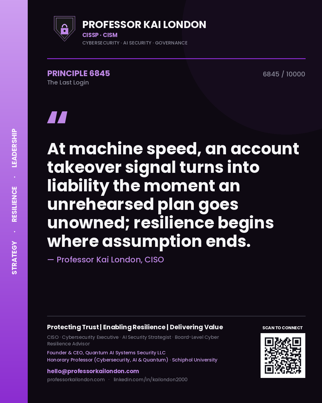 Quote card by Professor Kai London reading 'At machine speed, an account takeover signal turns into liability the moment an unrehearsed plan goes unowned; resilience begins where assumption ends.'. From the book The Last Login.