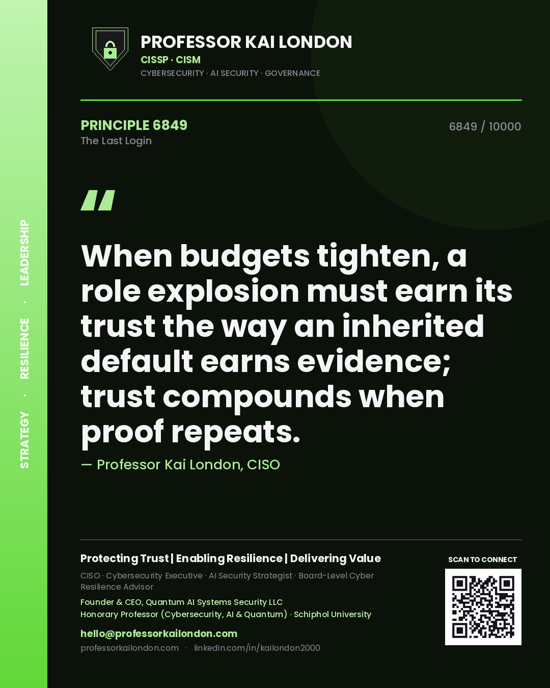 Professor Kai London principle 6849: When budgets tighten, a role explosion must earn its trust the way an inherited default earns evidence; trust compounds when proof repeats.