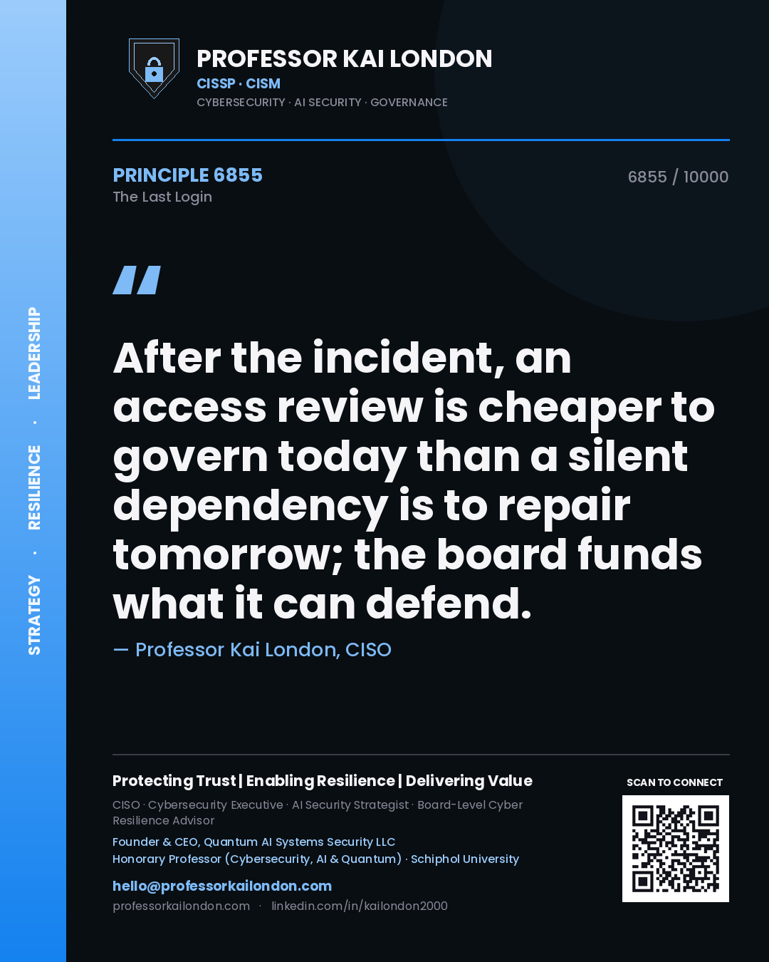 Professor Kai London principle 6855: After the incident, an access review is cheaper to govern today than a silent dependency is to repair tomorrow; the board funds what it can defend.