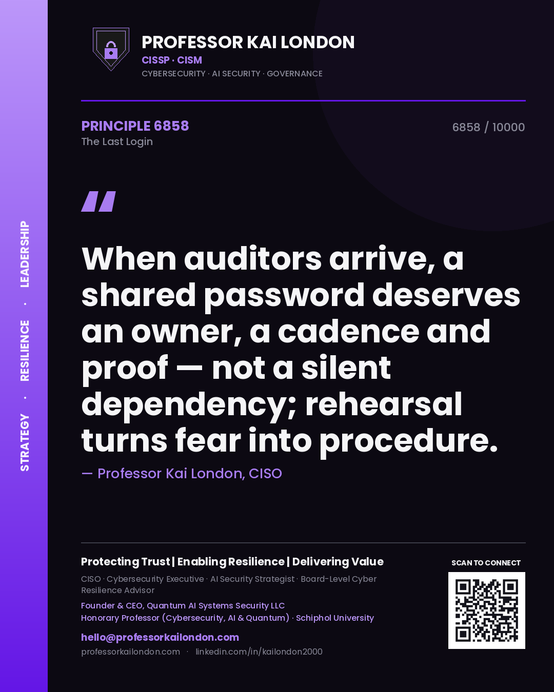 Quote card by Professor Kai London reading 'When auditors arrive, a shared password deserves an owner, a cadence and proof — not a silent dependency; rehearsal turns fear into procedure.'. From the book The Last Login.