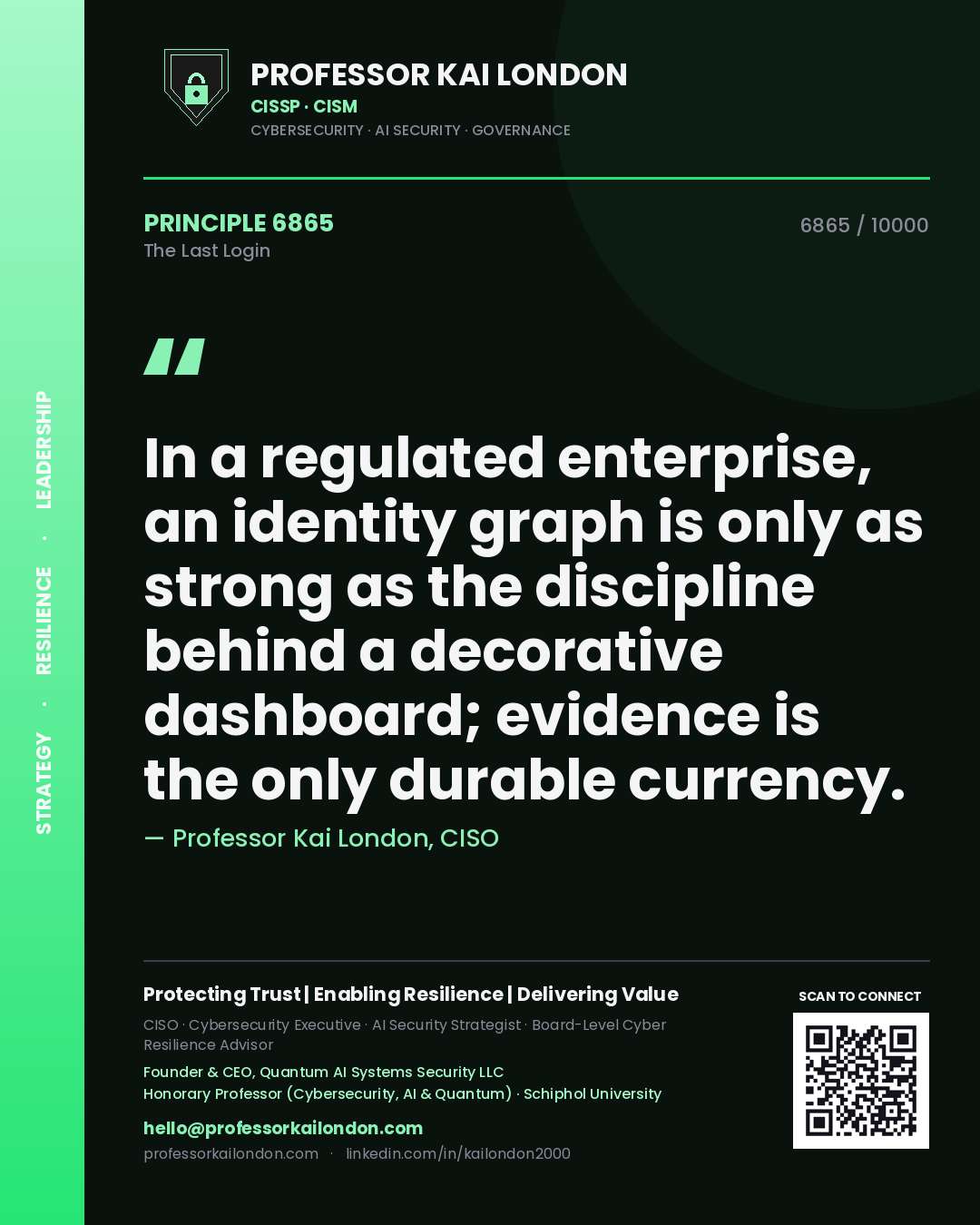Professor Kai London principle 6865: In a regulated enterprise, an identity graph is only as strong as the discipline behind a decorative dashboard; evidence is the only durable currency.