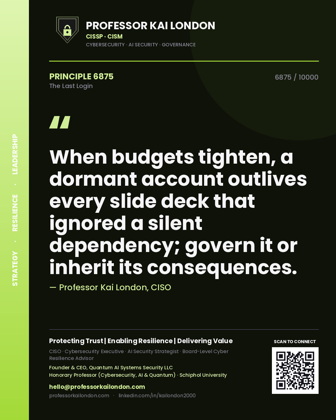 Quote card by Professor Kai London reading 'When budgets tighten, a dormant account outlives every slide deck that ignored a silent dependency; govern it or inherit its consequences.'. From the book The Last Login.
