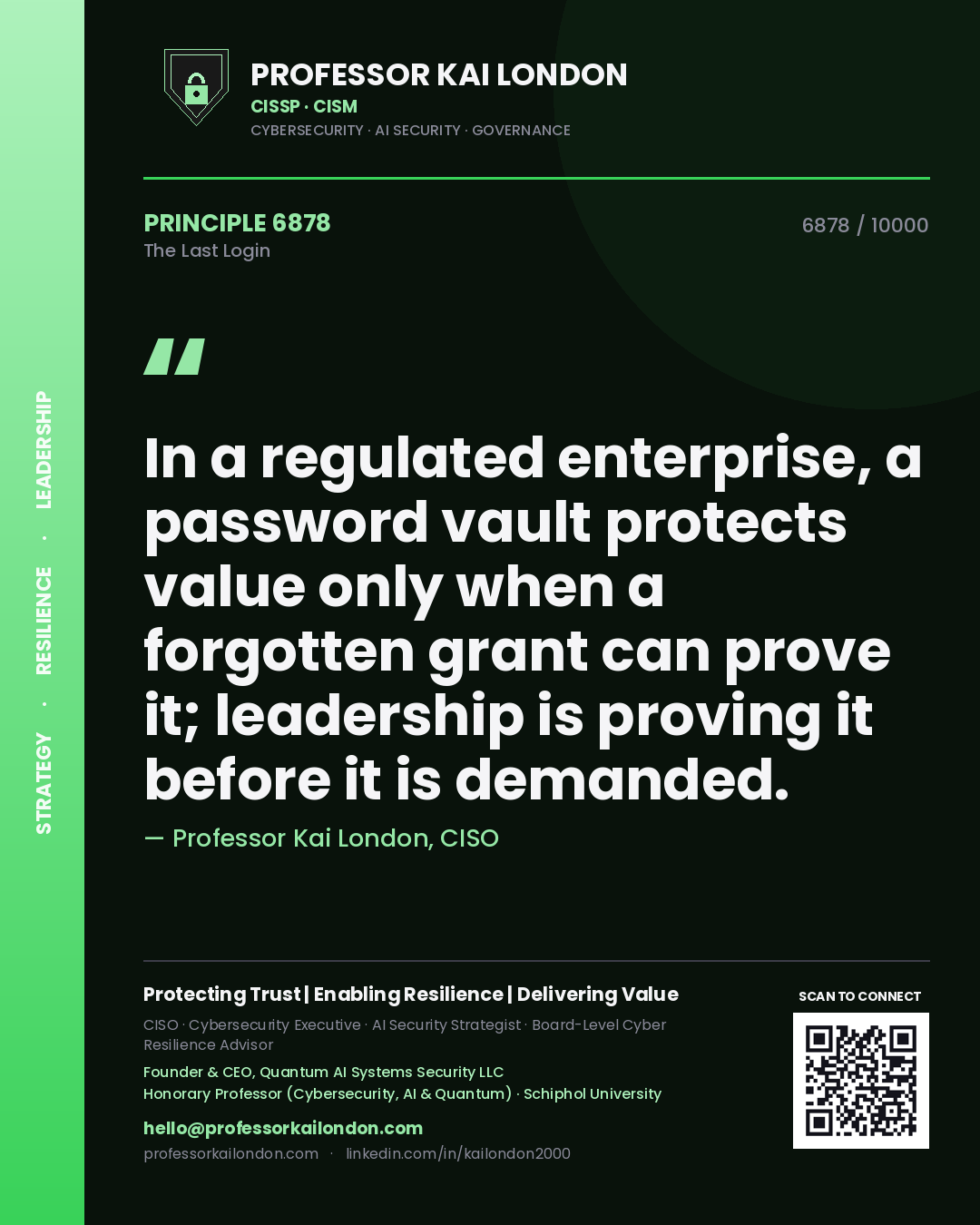 Professor Kai London principle 6878: In a regulated enterprise, a password vault protects value only when a forgotten grant can prove it; leadership is proving it before it is demanded.
