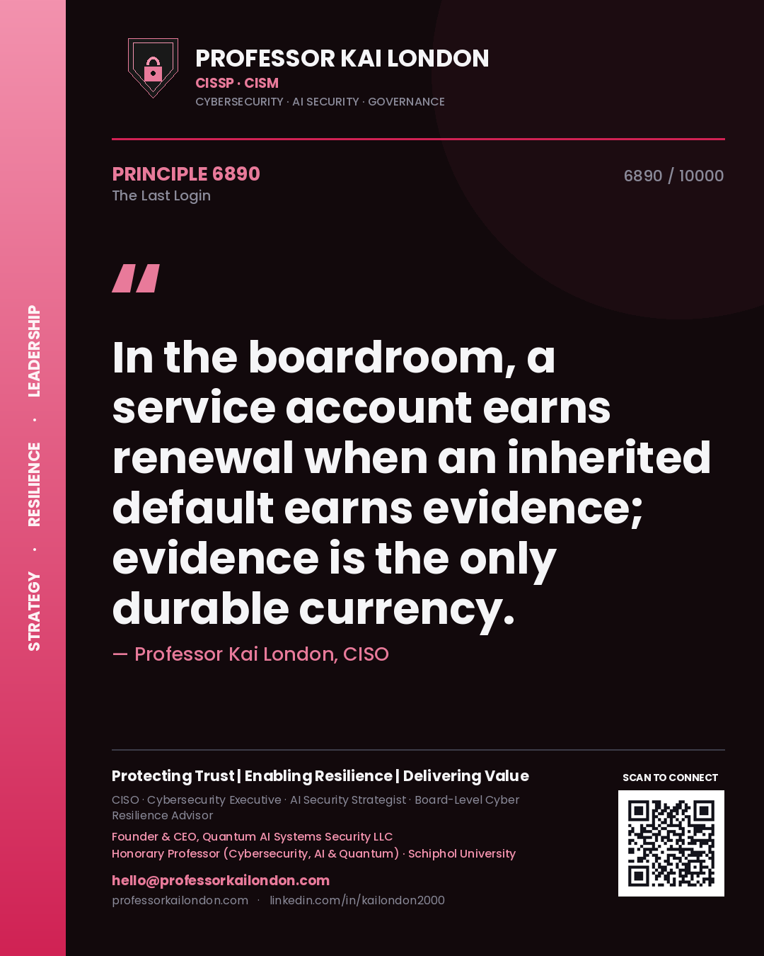 Quote card by Professor Kai London reading 'In the boardroom, a service account earns renewal when an inherited default earns evidence; evidence is the only durable currency.'. From the book The Last Login.