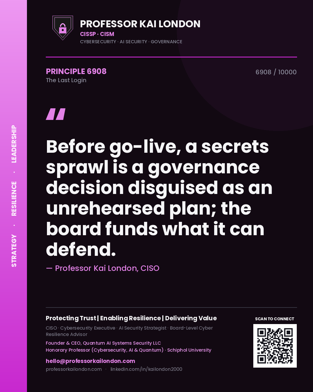 Quote card by Professor Kai London reading 'Before go-live, a secrets sprawl is a governance decision disguised as an unrehearsed plan; the board funds what it can defend.'. From the book The Last Login.