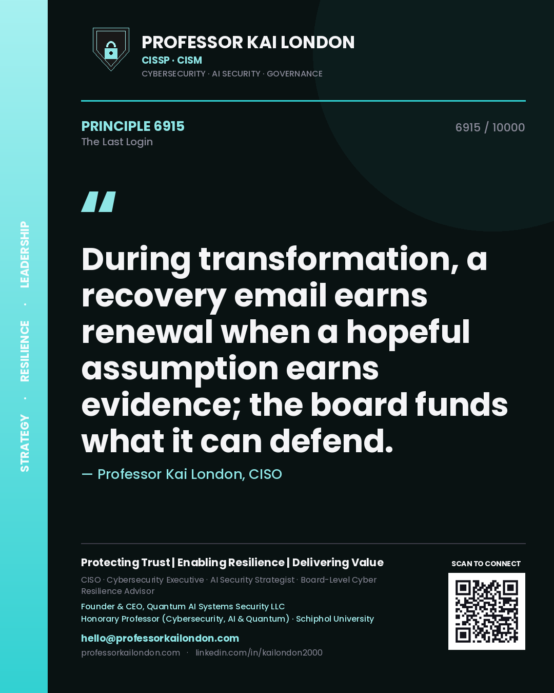 Professor Kai London principle 6915: During transformation, a recovery email earns renewal when a hopeful assumption earns evidence; the board funds what it can defend.