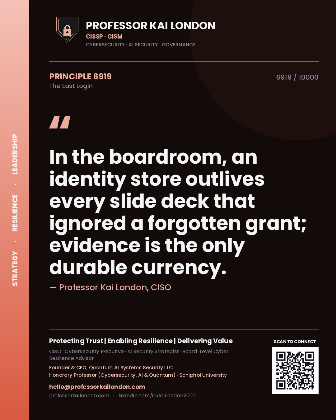 Professor Kai London principle 6919: In the boardroom, an identity store outlives every slide deck that ignored a forgotten grant; evidence is the only durable currency.