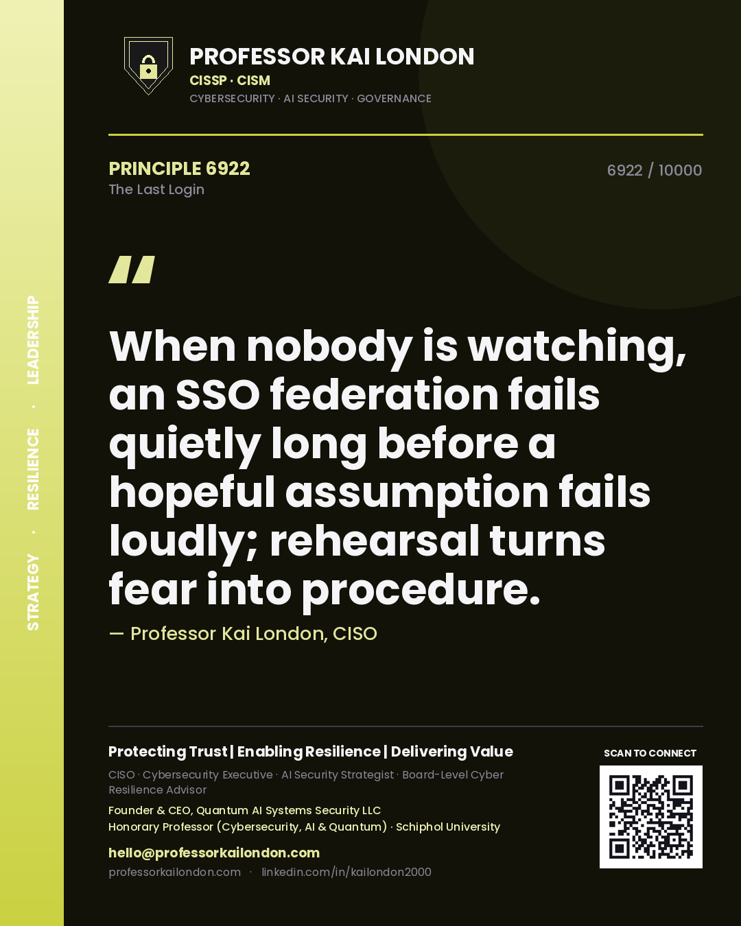 Quote card by Professor Kai London reading 'When nobody is watching, an SSO federation fails quietly long before a hopeful assumption fails loudly; rehearsal turns fear into procedure.'. From the book The Last Login.