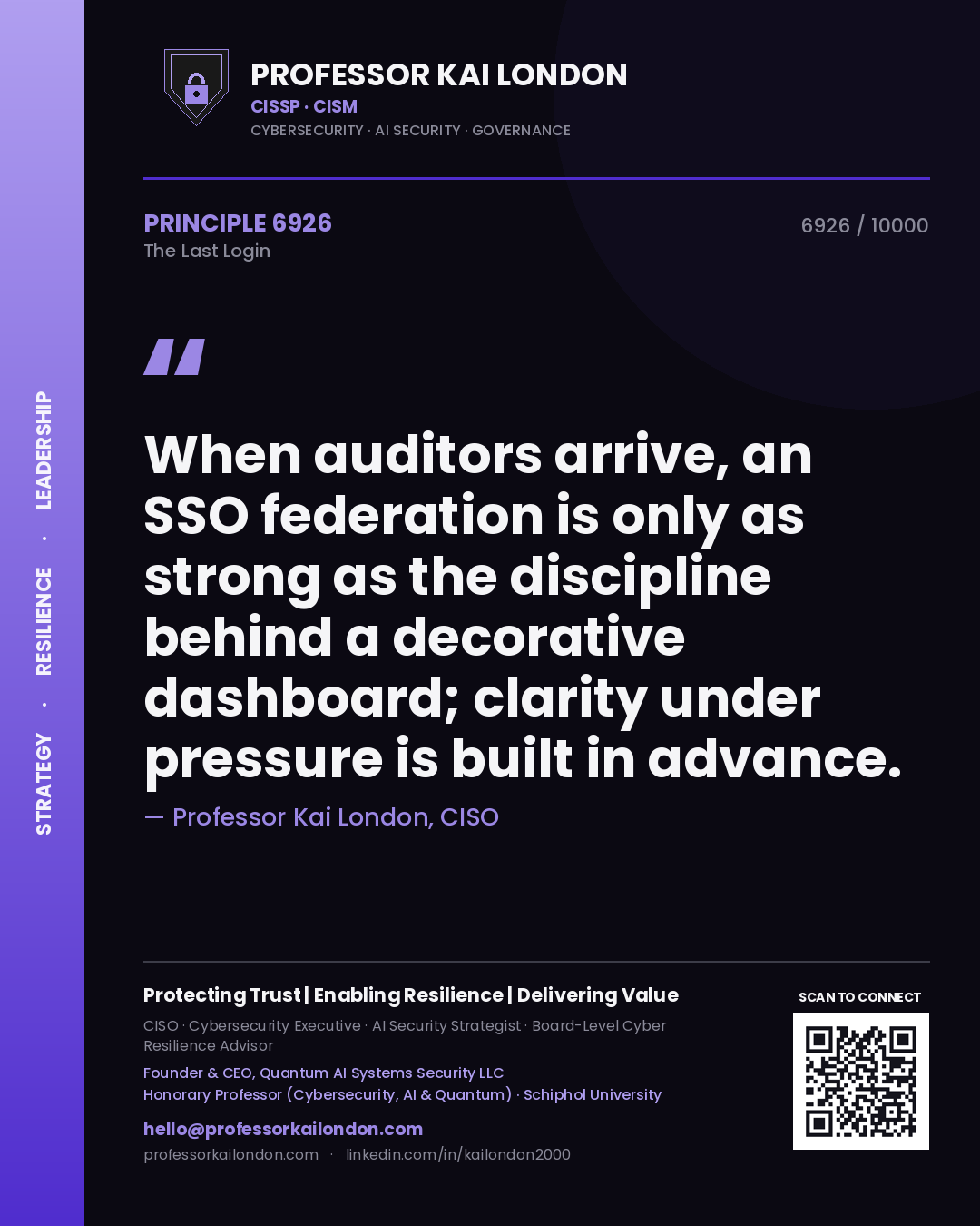 Professor Kai London principle 6926: When auditors arrive, an SSO federation is only as strong as the discipline behind a decorative dashboard; clarity under pressure is built in advance.