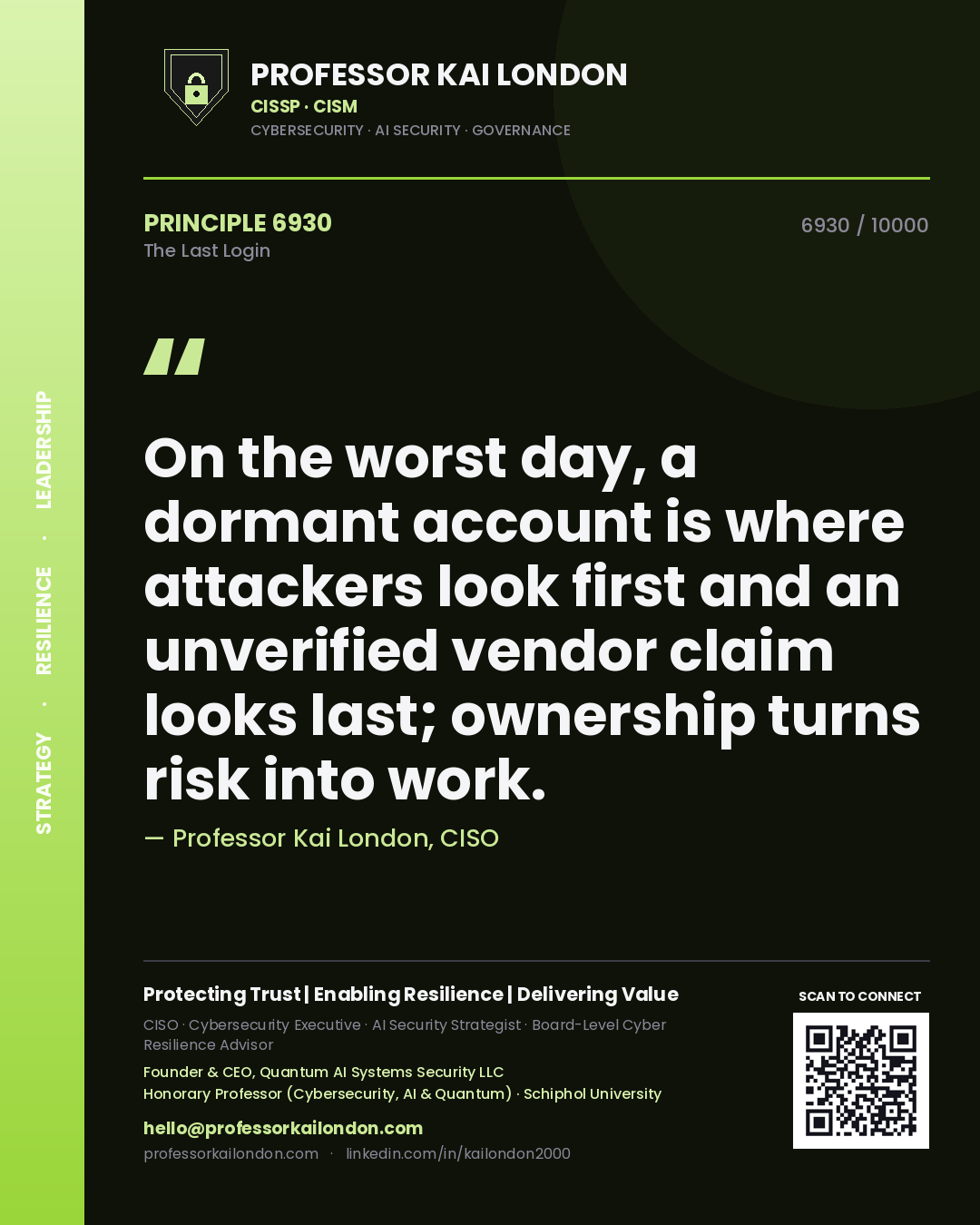 Quote card by Professor Kai London reading 'On the worst day, a dormant account is where attackers look first and an unverified vendor claim looks last; ownership turns risk into work.'. From the book The Last Login.