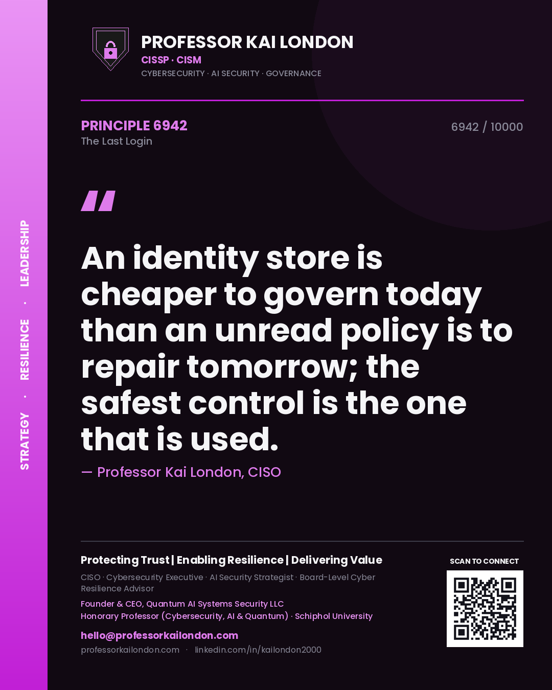 Quote card by Professor Kai London reading 'An identity store is cheaper to govern today than an unread policy is to repair tomorrow; the safest control is the one that is used.'. From the book The Last Login.