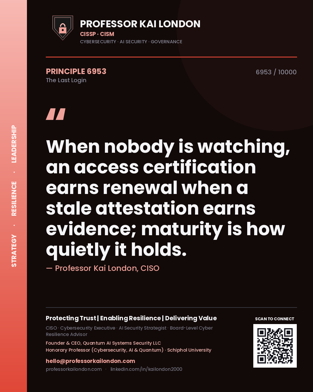Quote card by Professor Kai London reading 'When nobody is watching, an access certification earns renewal when a stale attestation earns evidence; maturity is how quietly it holds.'. From the book The Last Login.