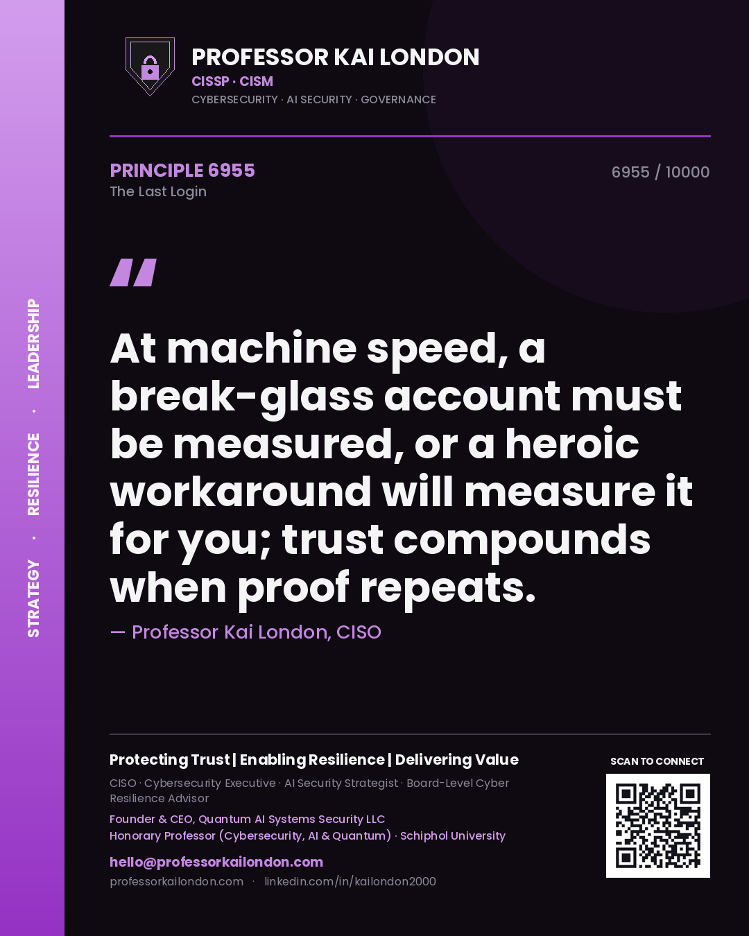 Quote card by Professor Kai London reading 'At machine speed, a break-glass account must be measured, or a heroic workaround will measure it for you; trust compounds when proof repeats.'. From the book The Last Login.
