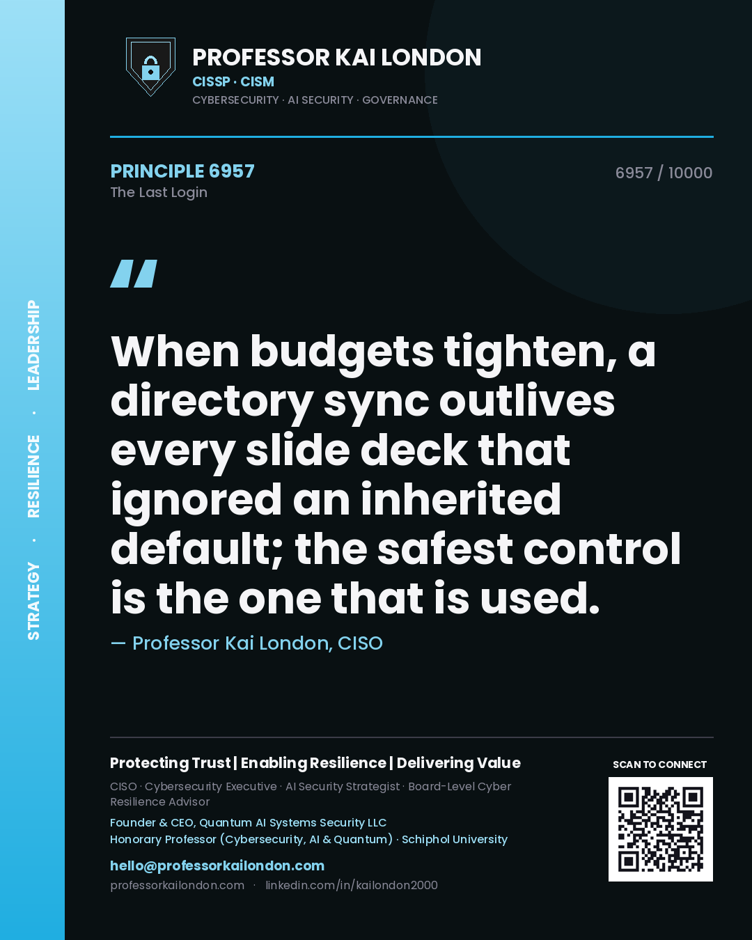 Professor Kai London principle 6957: When budgets tighten, a directory sync outlives every slide deck that ignored an inherited default; the safest control is the one that is used.