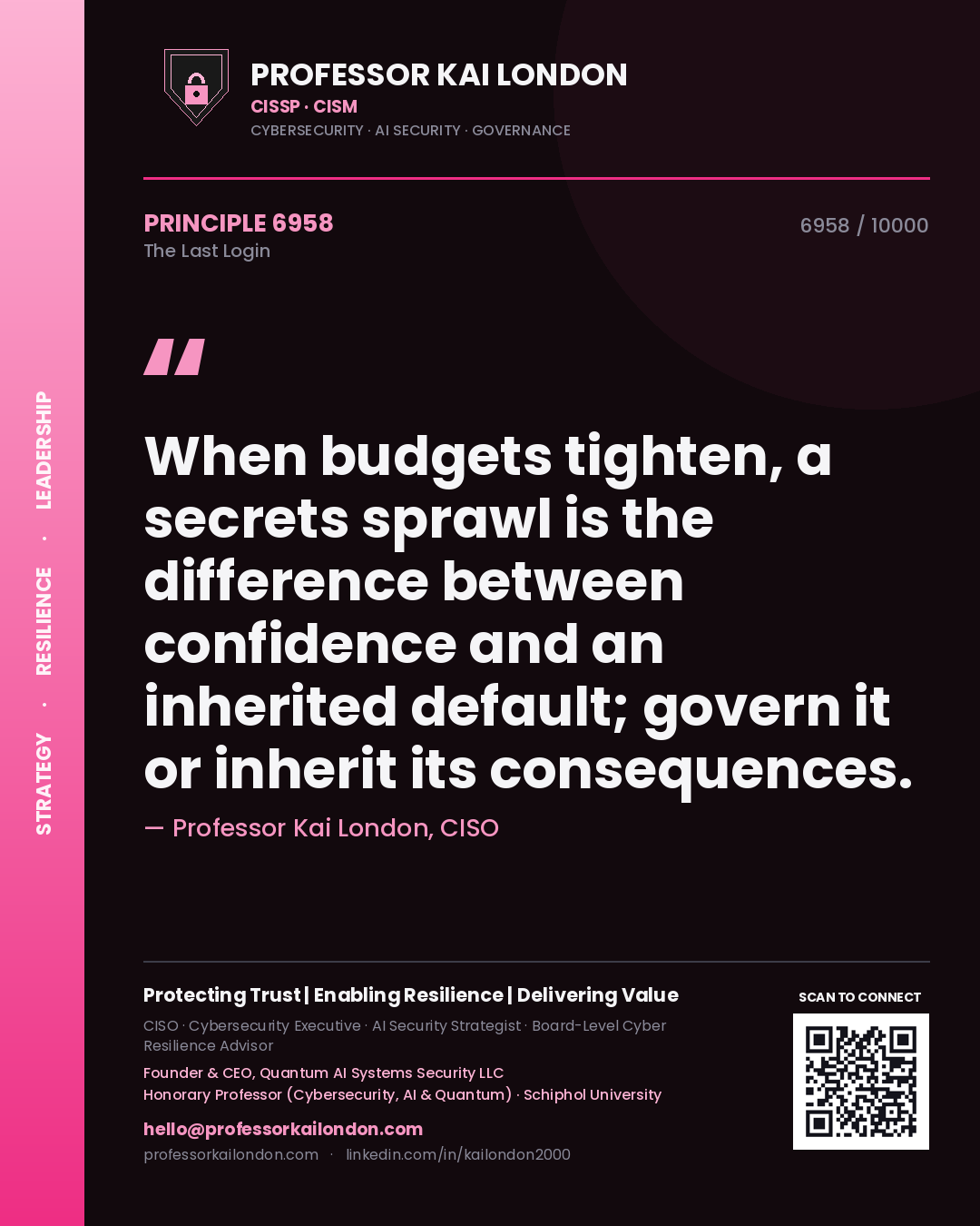 Professor Kai London principle 6958: When budgets tighten, a secrets sprawl is the difference between confidence and an inherited default; govern it or inherit its consequences.