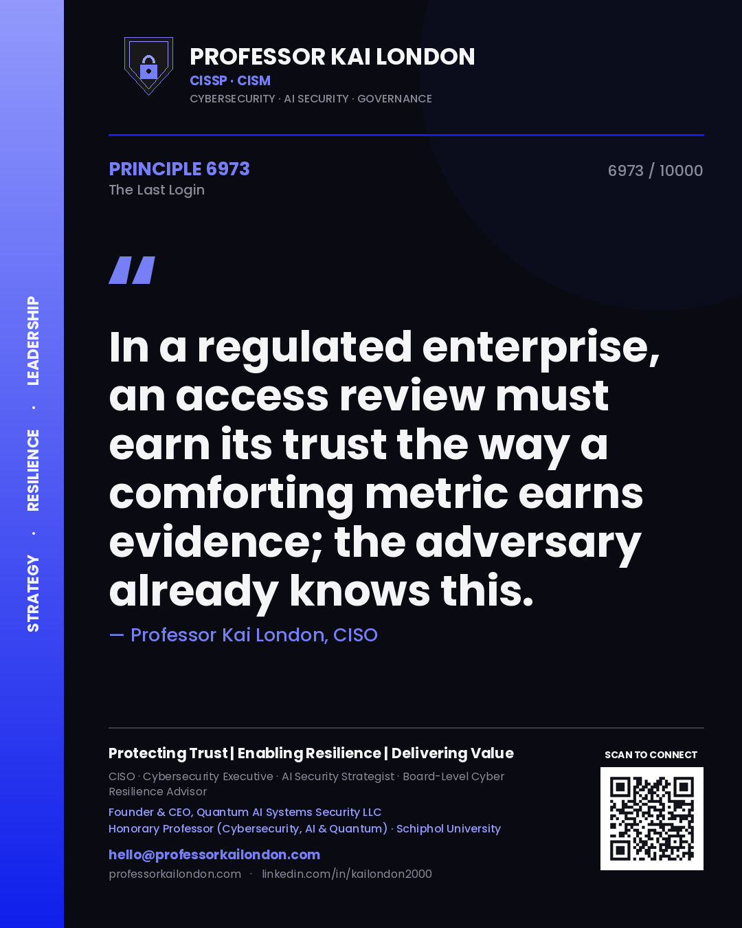 Professor Kai London principle 6973: In a regulated enterprise, an access review must earn its trust the way a comforting metric earns evidence; the adversary already knows this.
