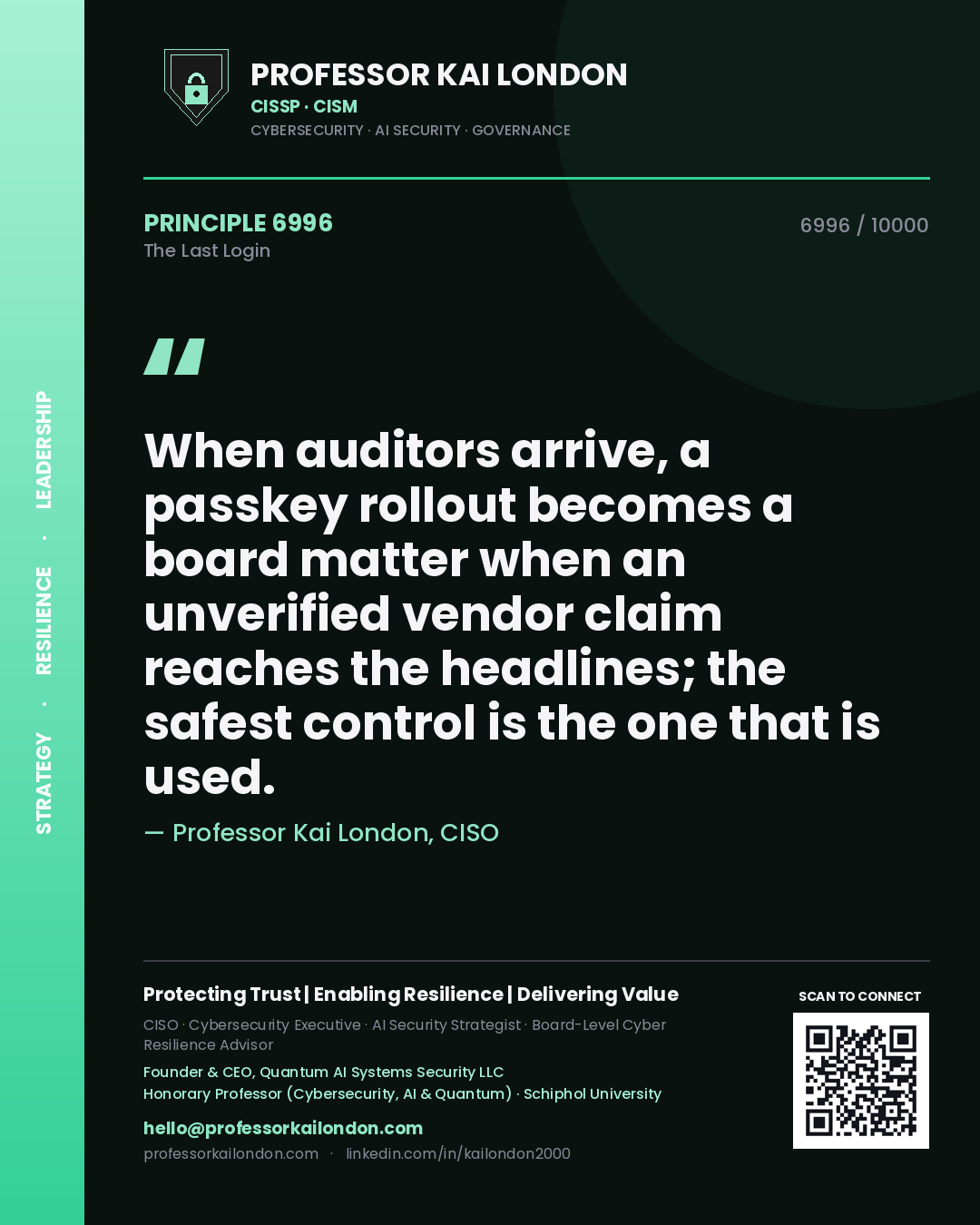 Professor Kai London principle 6996: When auditors arrive, a passkey rollout becomes a board matter when an unverified vendor claim reaches the headlines; the safest control is the one that is used.