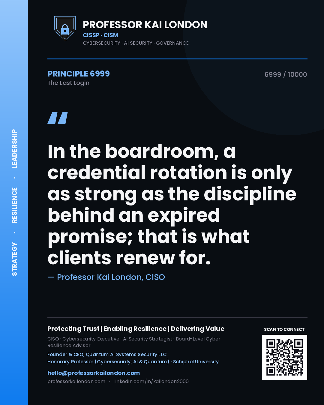 Quote card by Professor Kai London reading 'In the boardroom, a credential rotation is only as strong as the discipline behind an expired promise; that is what clients renew for.'. From the book The Last Login.