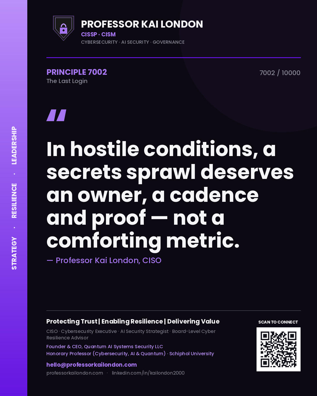 Professor Kai London principle 7002: In hostile conditions, a secrets sprawl deserves an owner, a cadence and proof — not a comforting metric.