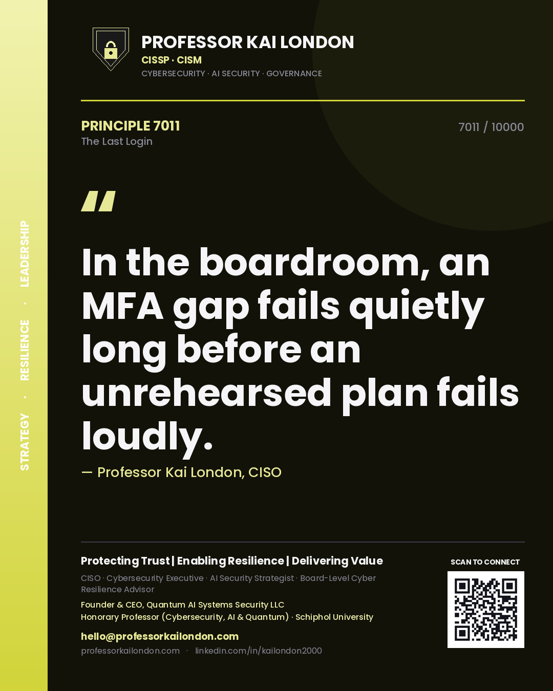 Quote card by Professor Kai London reading 'In the boardroom, an MFA gap fails quietly long before an unrehearsed plan fails loudly.'. From the book The Last Login.