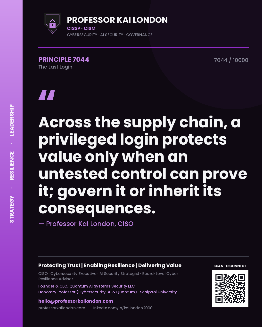 Professor Kai London principle 7044: Across the supply chain, a privileged login protects value only when an untested control can prove it; govern it or inherit its consequences.