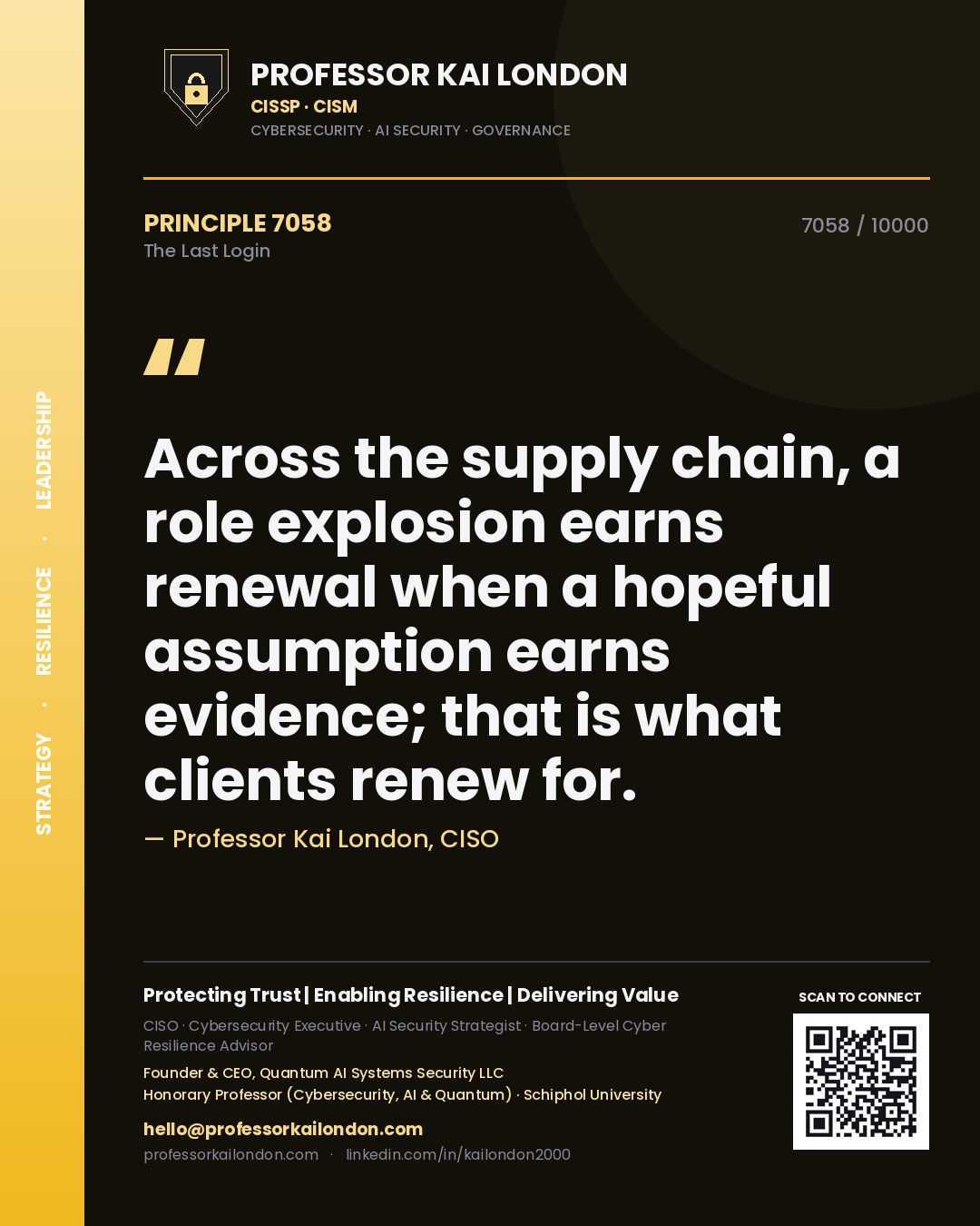 Professor Kai London principle 7058: Across the supply chain, a role explosion earns renewal when a hopeful assumption earns evidence; that is what clients renew for.