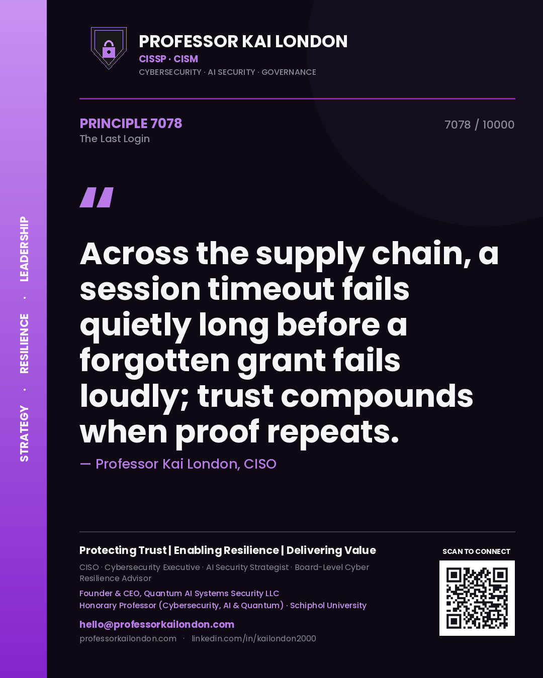 Professor Kai London principle 7078: Across the supply chain, a session timeout fails quietly long before a forgotten grant fails loudly; trust compounds when proof repeats.