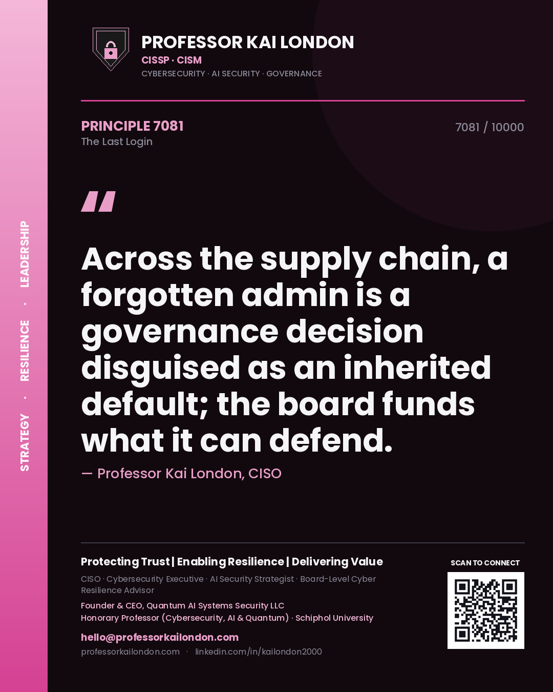 Quote card by Professor Kai London reading 'Across the supply chain, a forgotten admin is a governance decision disguised as an inherited default; the board funds what it can defend.'. From the book The Last Login.
