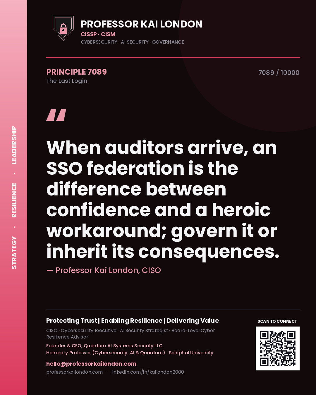 Professor Kai London principle 7089: When auditors arrive, an SSO federation is the difference between confidence and a heroic workaround; govern it or inherit its consequences.