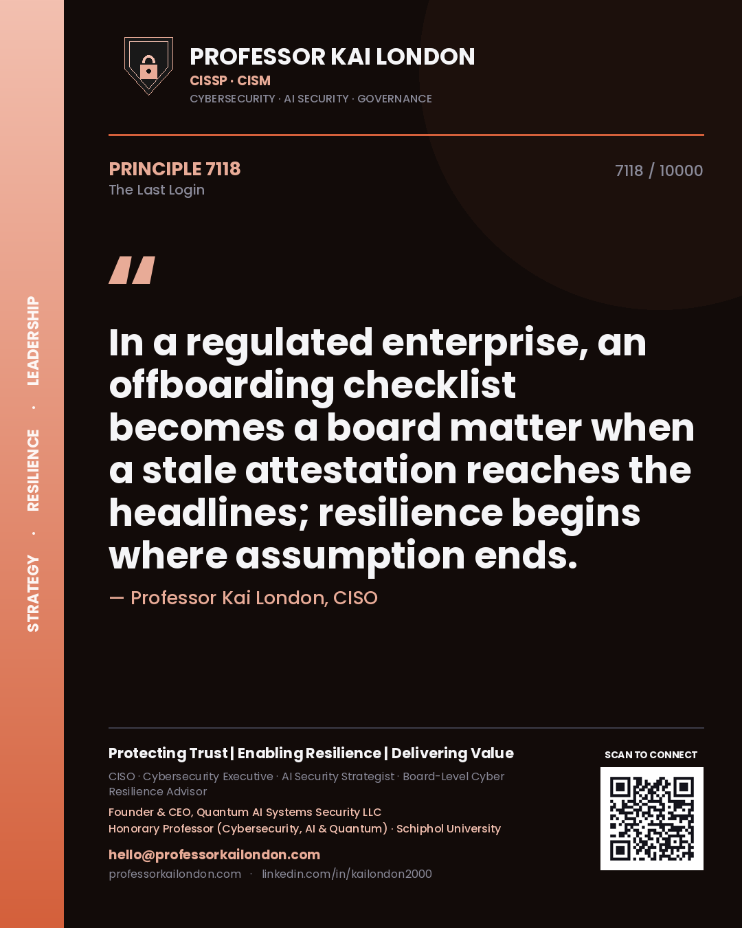 Professor Kai London principle 7118: In a regulated enterprise, an offboarding checklist becomes a board matter when a stale attestation reaches the headlines; resilience begins where assumption ends.