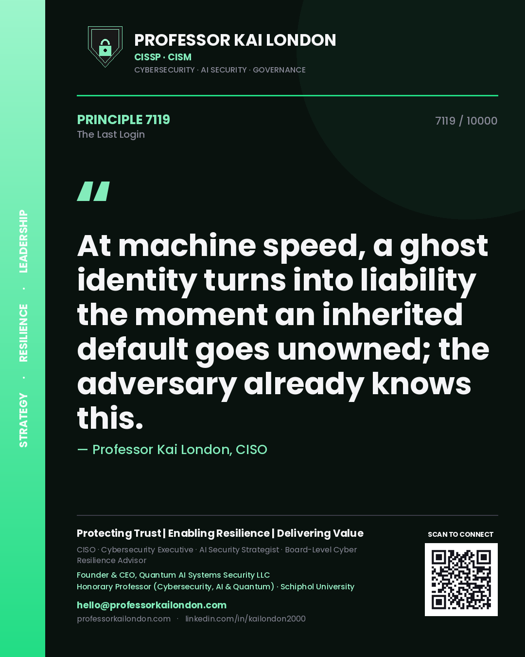 Quote card by Professor Kai London reading 'At machine speed, a ghost identity turns into liability the moment an inherited default goes unowned; the adversary already knows this.'. From the book The Last Login.