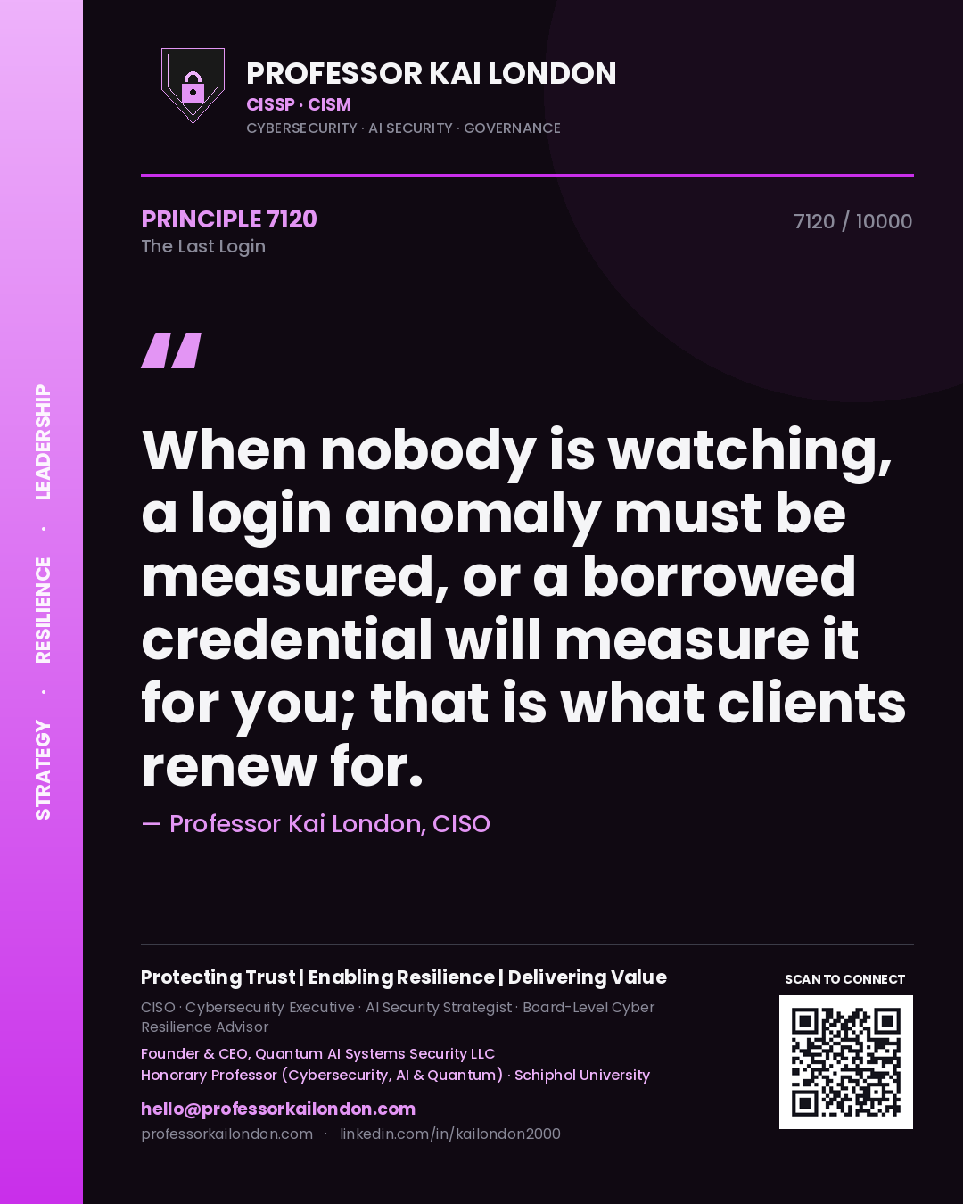 Professor Kai London principle 7120: When nobody is watching, a login anomaly must be measured, or a borrowed credential will measure it for you; that is what clients renew for.